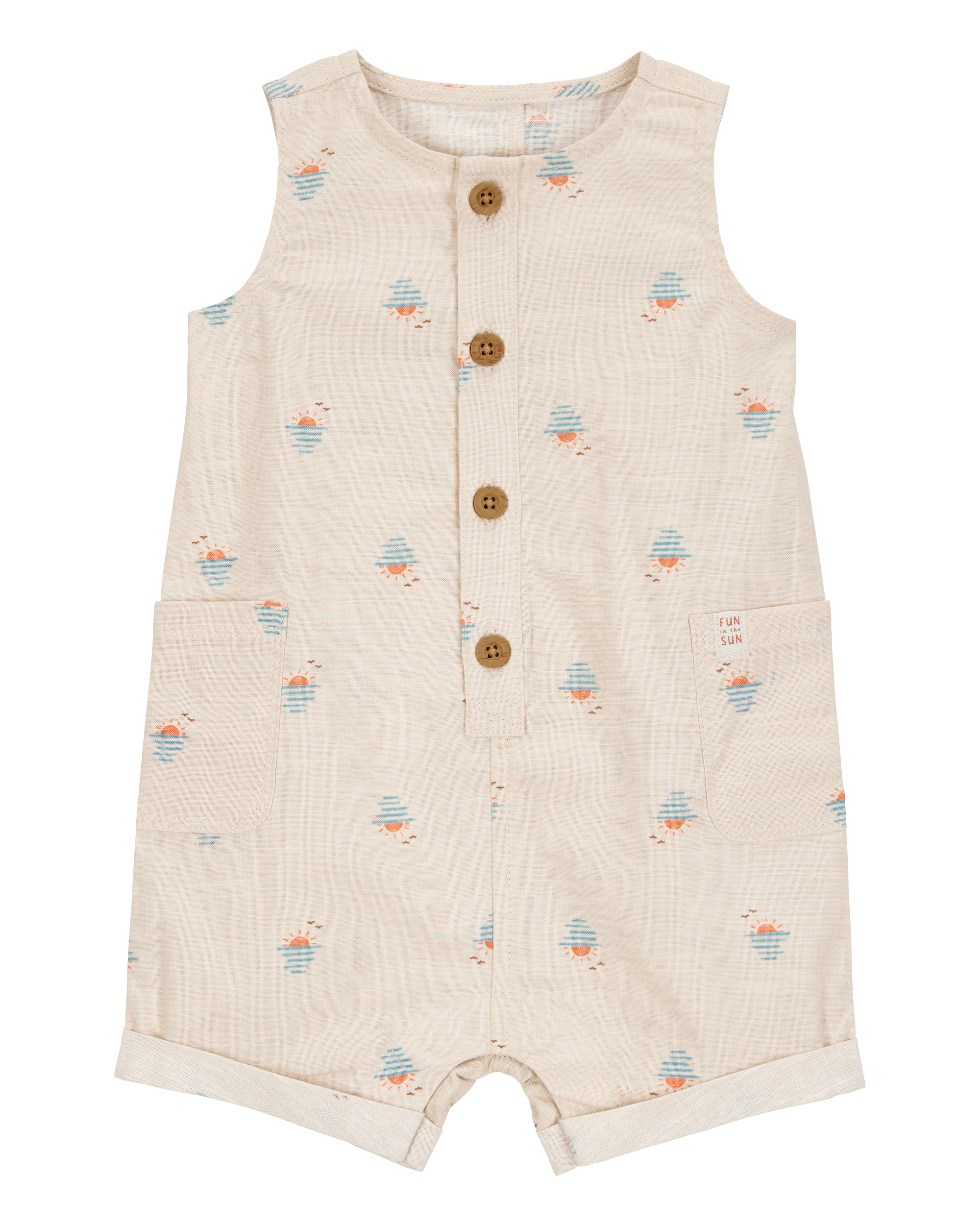 Baby Boy Button-Front Sunset Print Sleeveless Romper - Tan