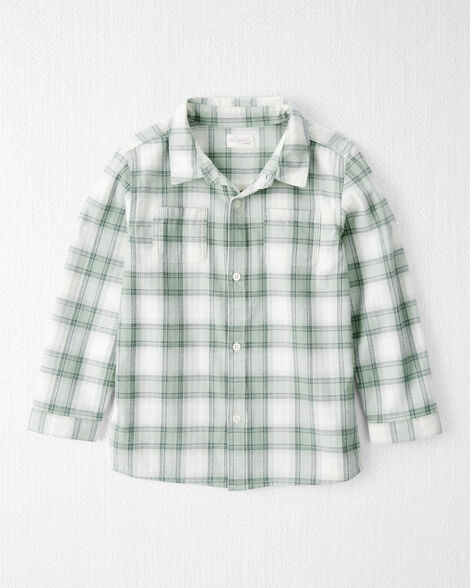 Boys Organic Cotton Herringbone Button-Front Shirt in Plaid