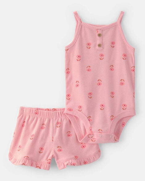 baby girl 2-piece floral sleeveless bodysuit & short set - pink