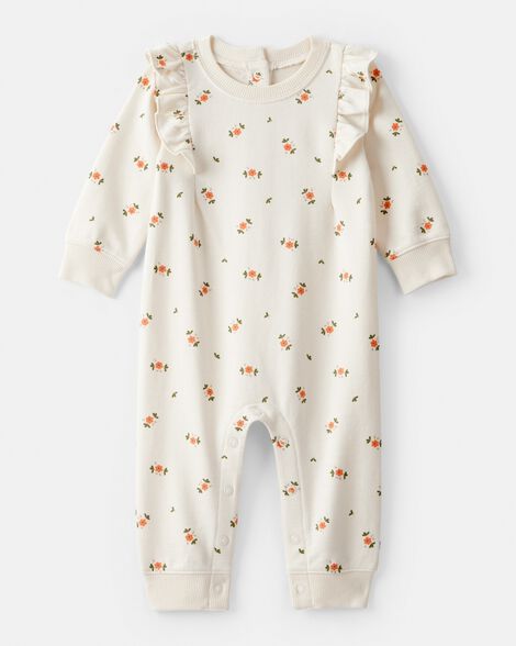 baby girl floral ruffle cotton long-sleeve jumpsuit - cream