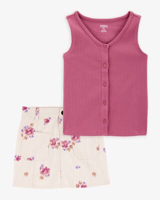 Product image 1 of Kid 2-Piece Ribbed Button-Down Tank Top & Floral Twill Skirt Set - Pink/Ivory