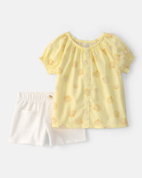 toddler girl 2-piece shell top & short set - yellow/white