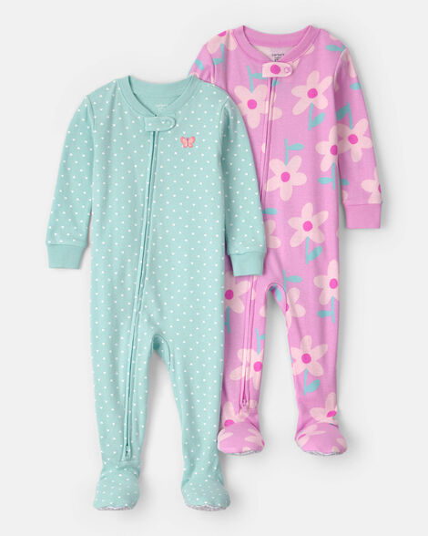baby girl 2-pack floral butterfly 100% cotton snug fit 1-piece pajama - blue/pink
