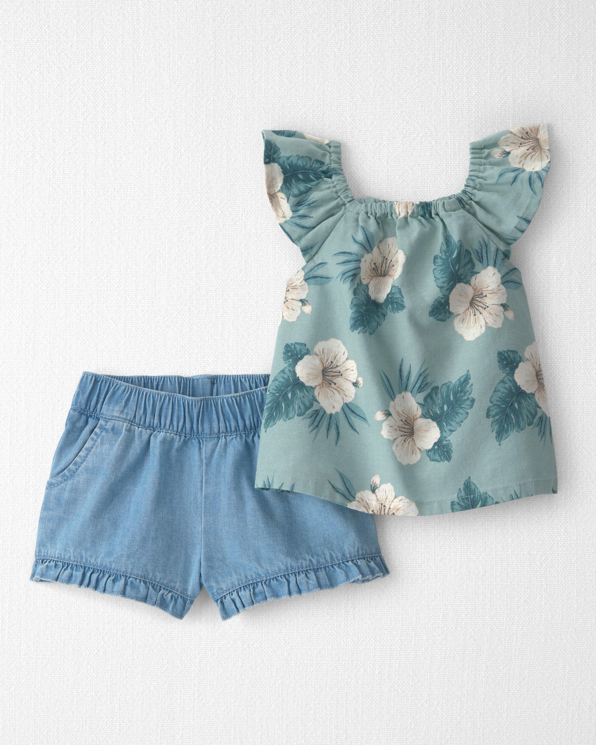 Little Planet Baby Girl 2-Piece Chambray Top Short Set Made with Organic Cotton in Blue Hibiscus 12M Blue Hibiscus 22$
