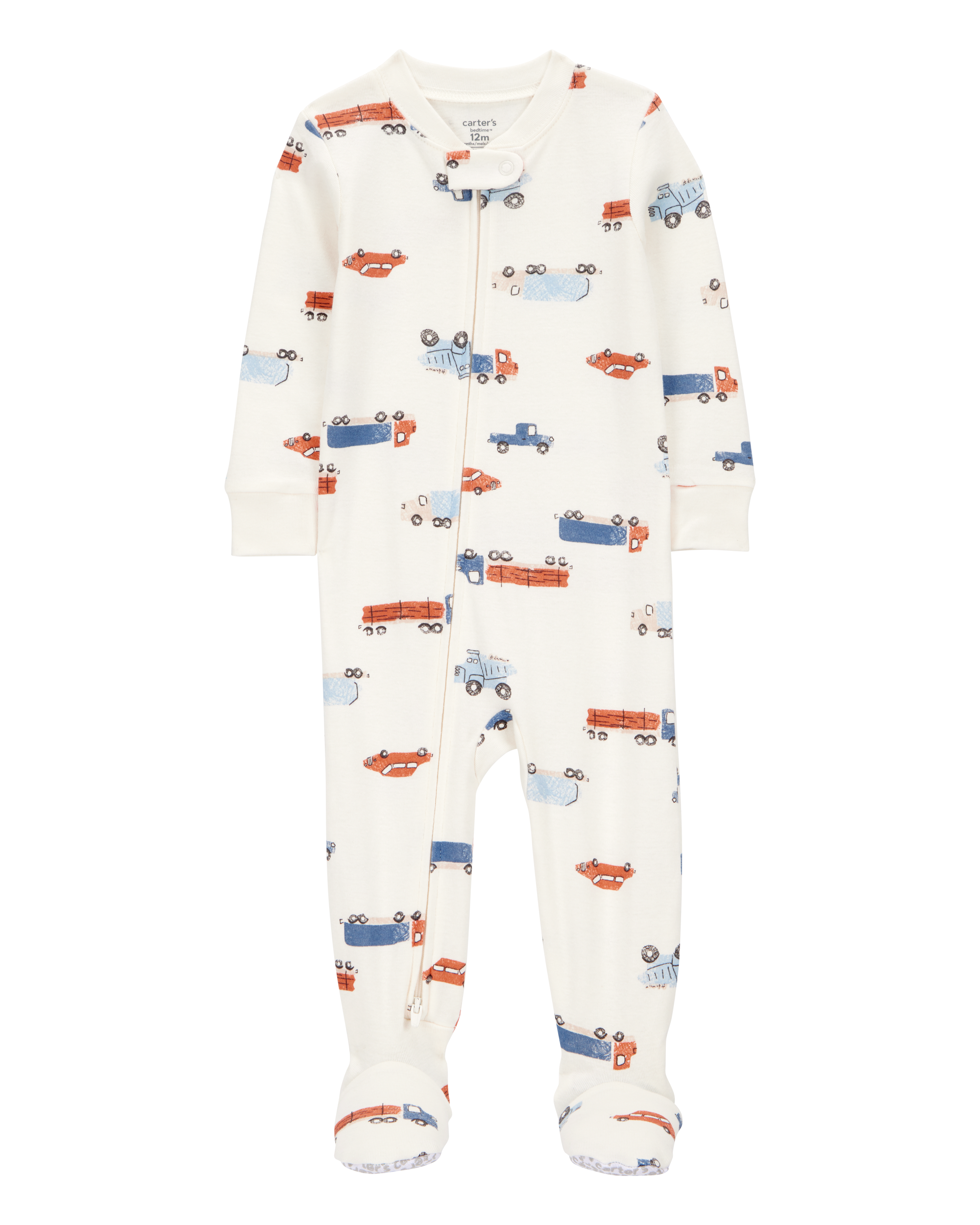 Toddler Boy 1-Piece Car Print 100% Snug Fit Cotton Footie Pajamas - Ivory
