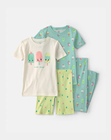 girls 'sweet squad' popsicle 100% cotton 4-piece pajama set - blue/green