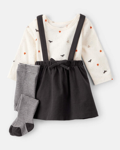 baby girl 3-piece halloween tee & jumper set - white/black