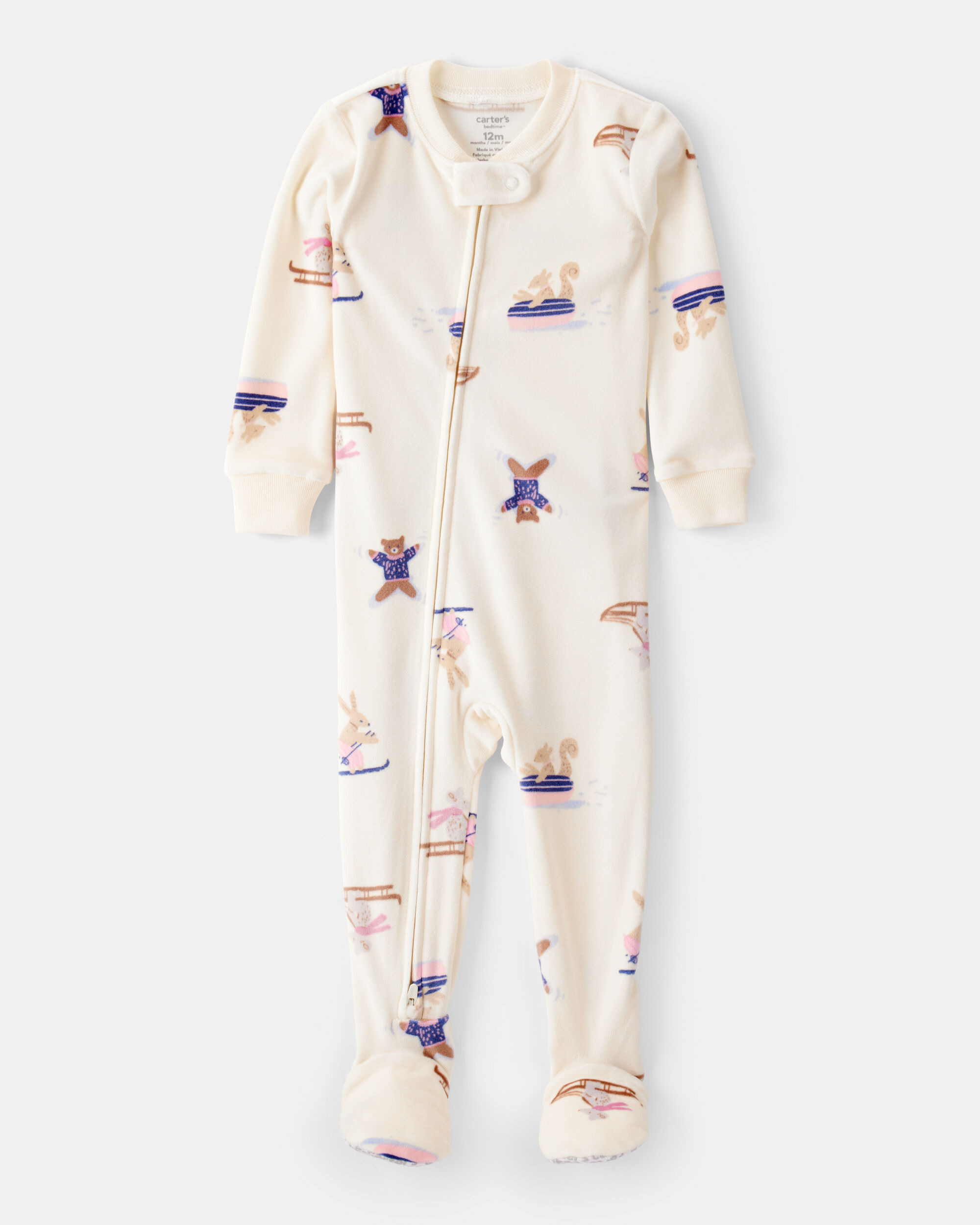 Baby Girl Snow Animals Snug Fit Long-Sleeve 2-Way Zip 1-Piece Pajamas - Ivory