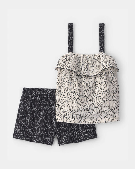 toddler girl 2-piece shell ruffle tank top & short set - black/cream