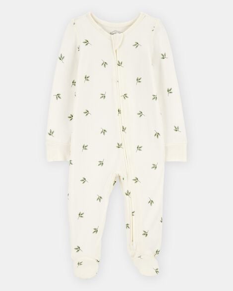 baby leaf print 2-way zip purelysoft sleep & play pajamas - ivory