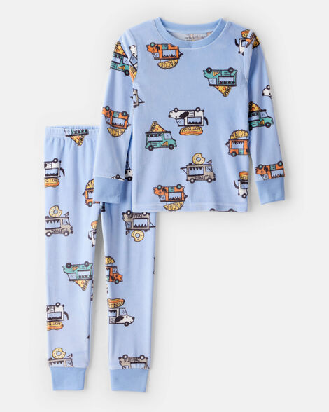 Product image 1 of Toddler Boy Truck Print Velour Long-Sleeve Snug Fit 2-Piece Pajamas - Blue