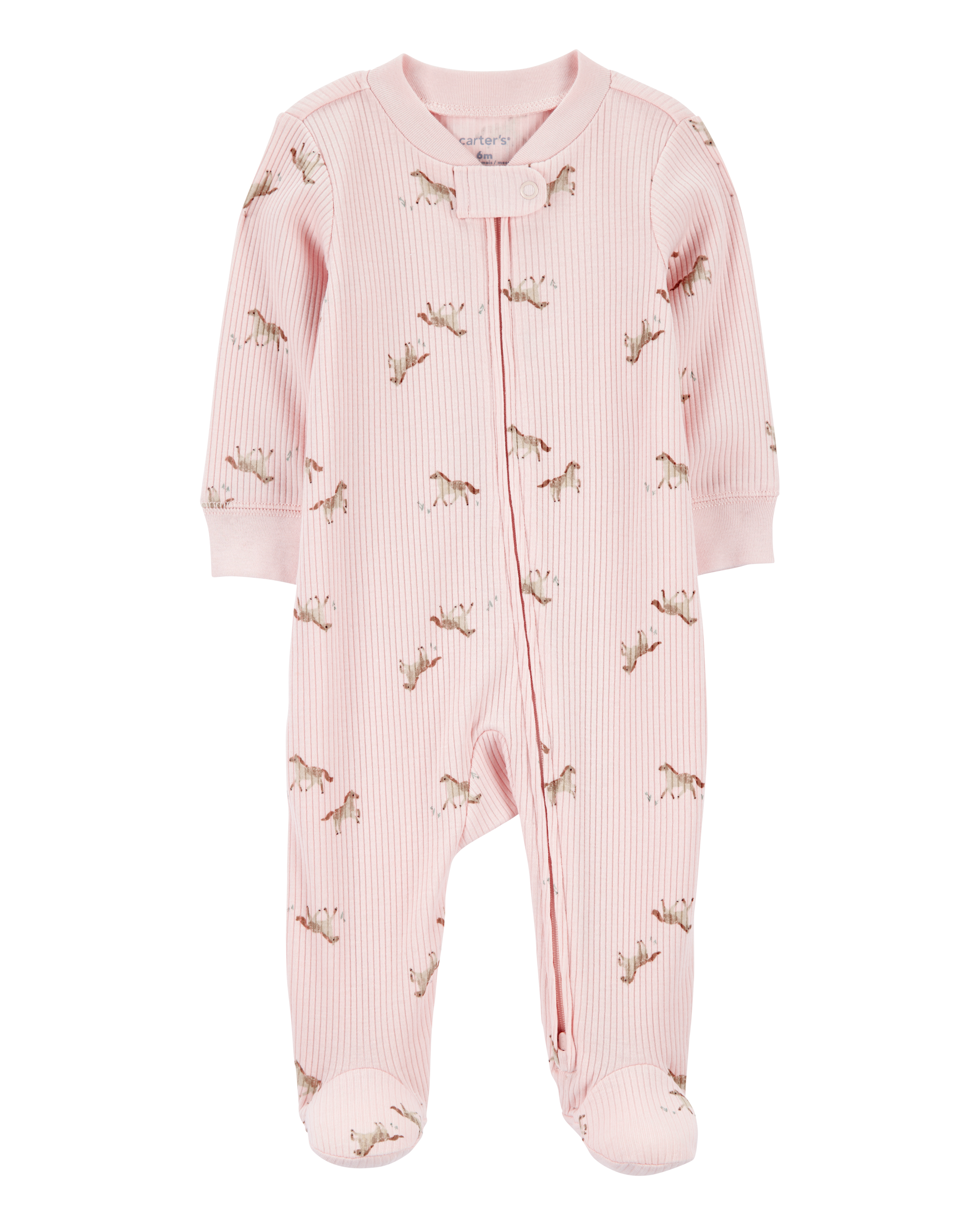 Horse Print 2-Way Zip Ribbed Sleep & Play Pajamas - Pink