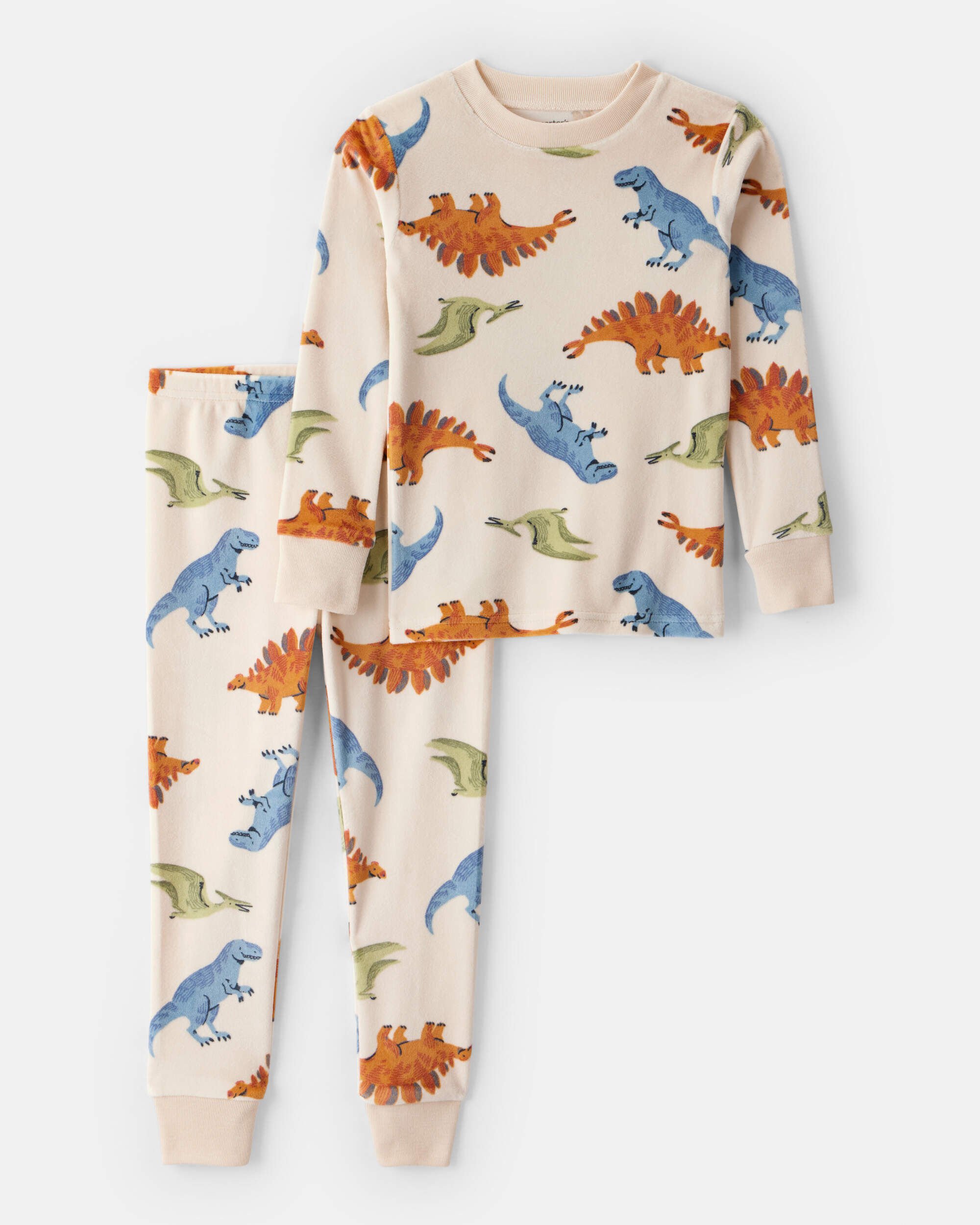 Toddler Boy Dinosaur Print Velour Long-Sleeve Snug Fit 2-Piece Pajamas - Tan