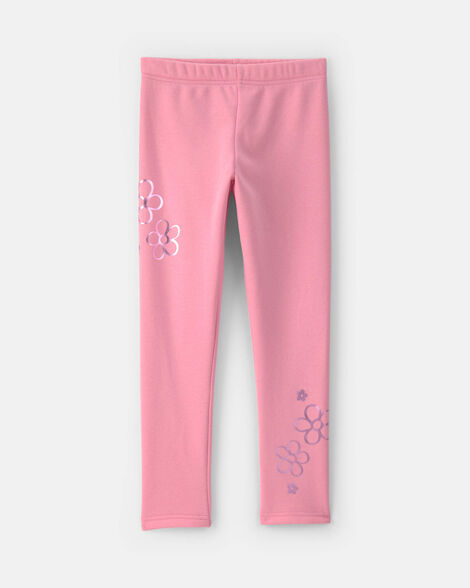 girls floral fleece pull-on stretch leggings - pink