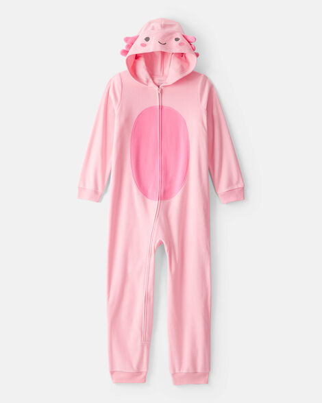 girls axolotl fleece hooded zip-up 1-piece pajama jumpsuit - pink