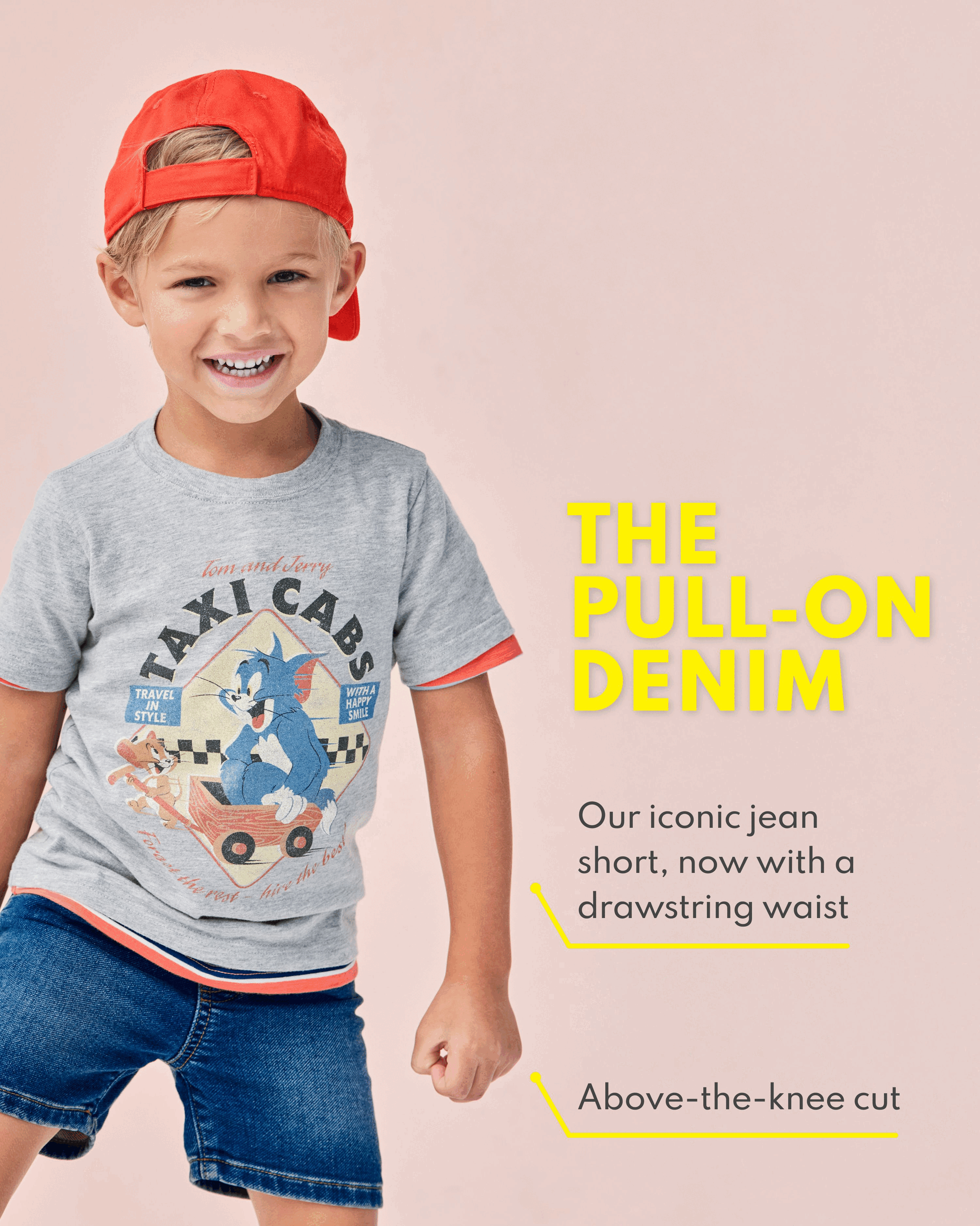 the pull on denim, Our iconic jean short, now with a drawstring waist, Above-the-knee cut