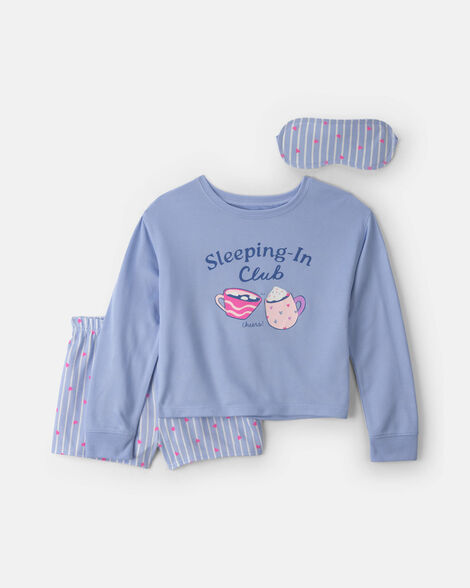 girls 'sleeping-in club' hot cocoa striped fleece loose fit 3-piece pajama set - purple