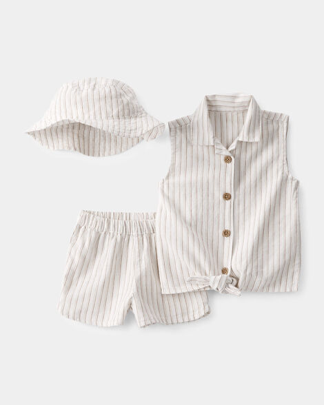 baby girl 3-piece striped sleeveless top & short set - tan/ivory