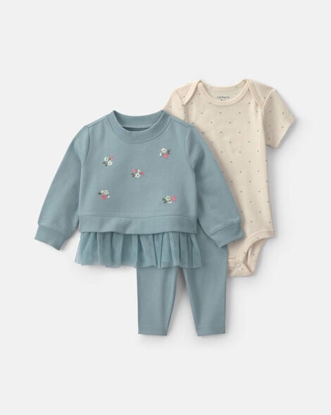 baby girl 3-piece floral french terry layering set - blue