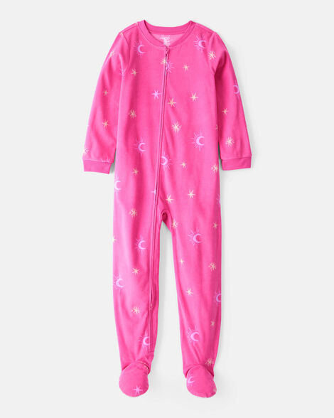 girls 1-piece moon & stars fleece footie pajamas - pink