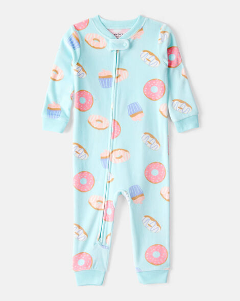 Product image 1 of Toddler Girl Donuts Print Velour Long-Sleeve Snug Fit 1-Piece Pajamas - Blue