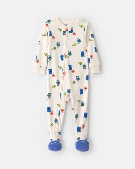 baby boy 1-piece monster 2-way zip dreamplush snug fit footed pajama - cream