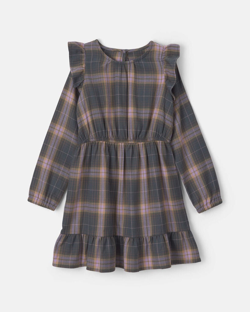 OshKosh B'gosh Girls Plaid Ruffle Long-Sleeve Dress 10 Grey/Pink