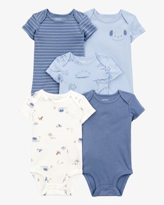 Product image 1 of Baby 5-Pack Dog Short-Sleeve Cotton Bodysuits - Blue
