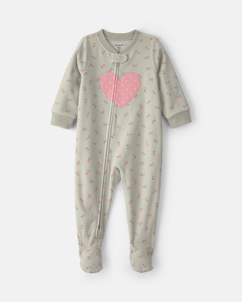 Carter's baby girl 1-piece heart 2-way zip fleece loose fit footed pajama 12M Green