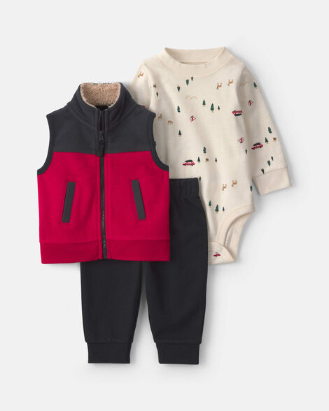 baby boy 3-piece christmas fleece layering set - red/black/cream