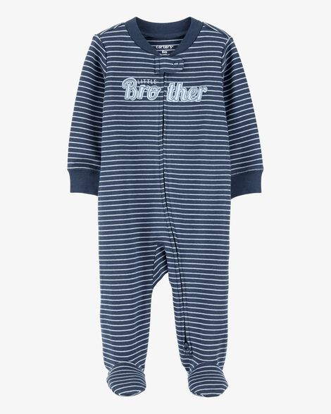 Product image 1 of Baby Boy Striped Little Bro 2-Way Zip Cotton Sleep & Play Pajamas - Blue