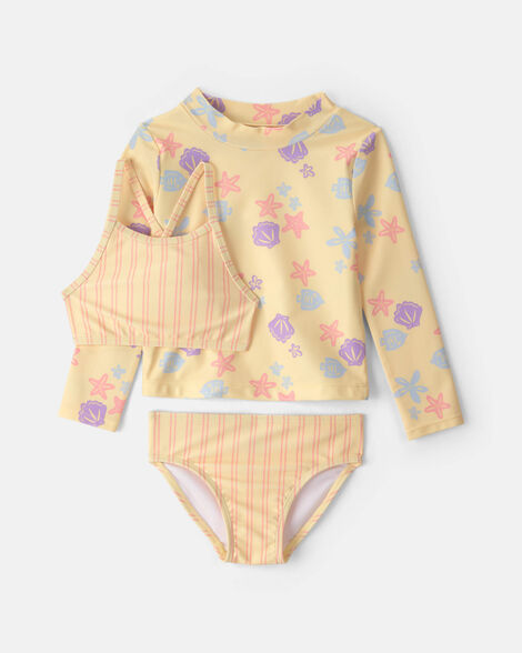 toddler girl 3-piece seashell & starfish rashguard swimsuit set - yellow