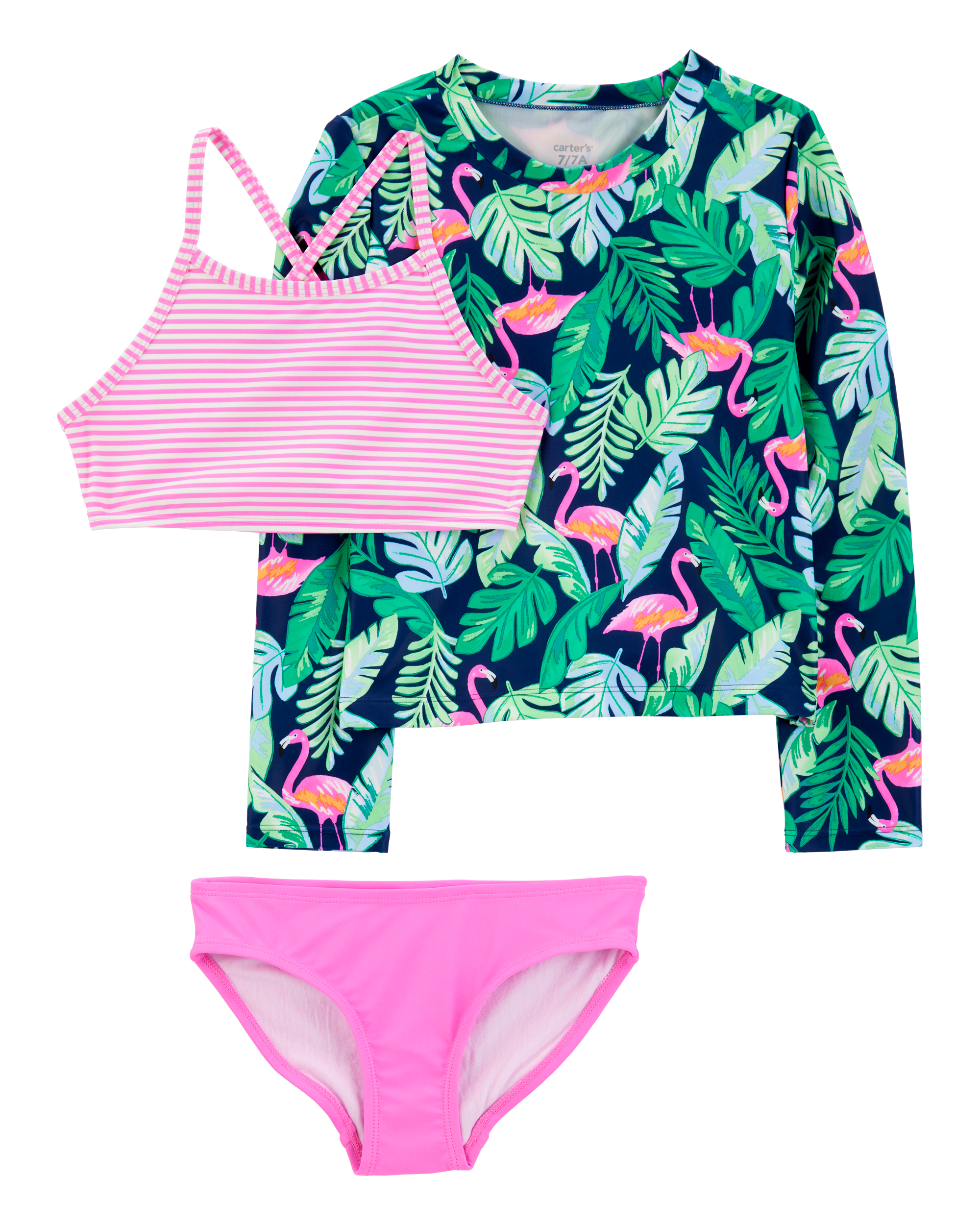 Girls 3-Piece Tropical Flamingo Print Rashguard Swim Set