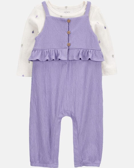 baby girl 2-piece long-sleeve tee & coverall set - purple