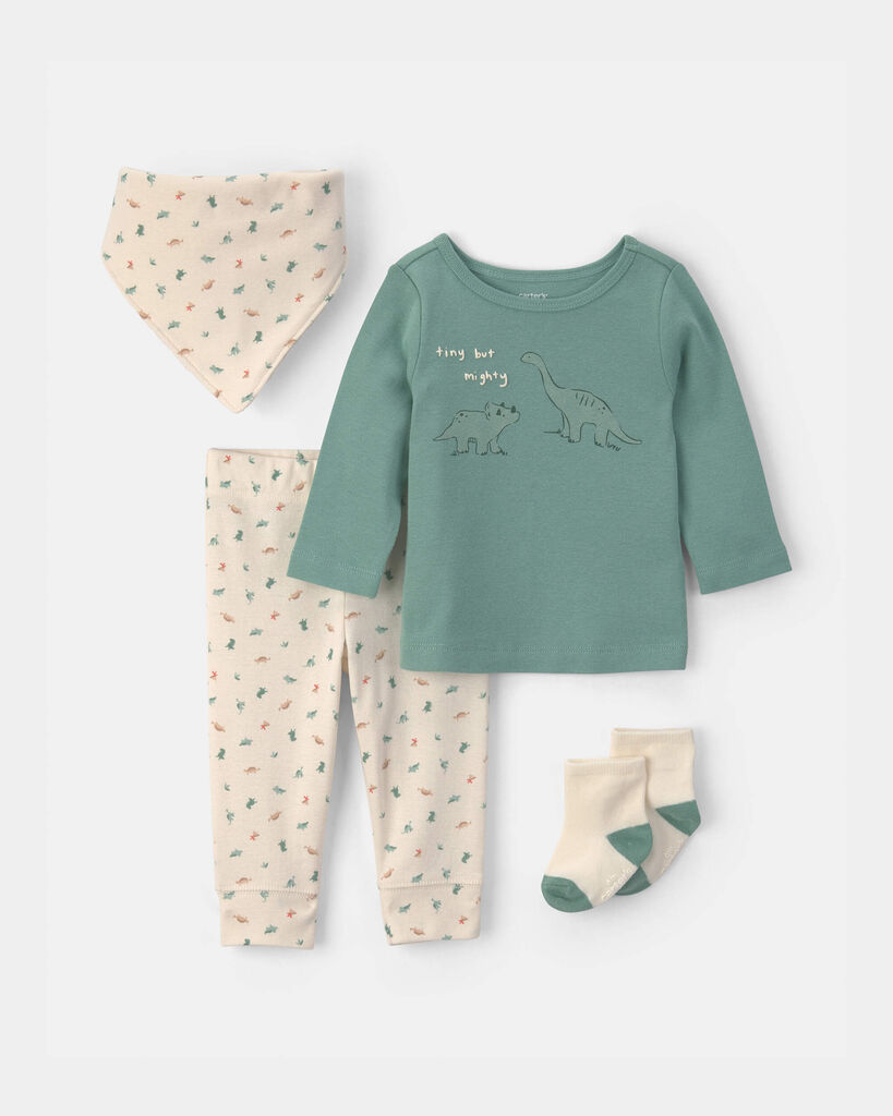 Carter's baby boy 4-piece dinosaur outfit set 12M Green/Ivory