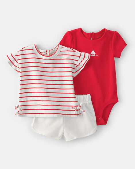 baby girl 3-piece sailboat short-sleeve top, bodysuit & short set - red/white