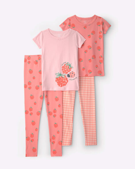 girls 4-piece 'always dreaming' raspberry & ladybug cotton pajama set - pink/coral