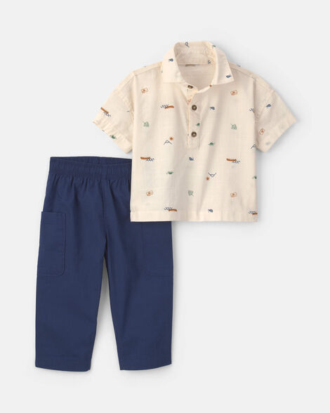 baby boy 2-piece chambray short-sleeve top & pant set - cream/blue