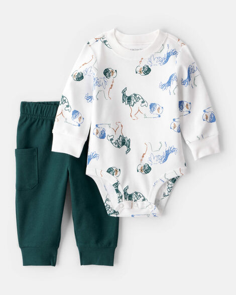 baby boy 2-piece dog print bodysuit & pant set - white/green