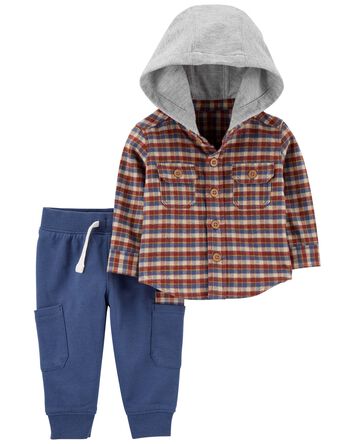 Baby 2-Piece Hooded Plaid Shirt & Pant Set