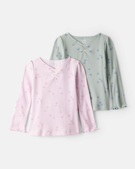 toddler girl 2-pack heart print cotton long-sleeve top - green/pink