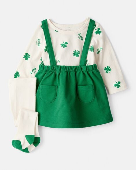 baby girl st. patrick's day 3-piece shamrock long-sleeve top & skirt set - green