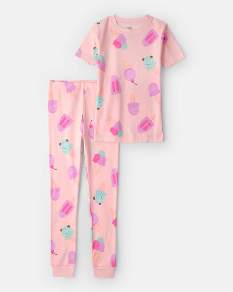 girls ice cream 100% cotton short-sleeve snug fit 2-piece pajama set - pink