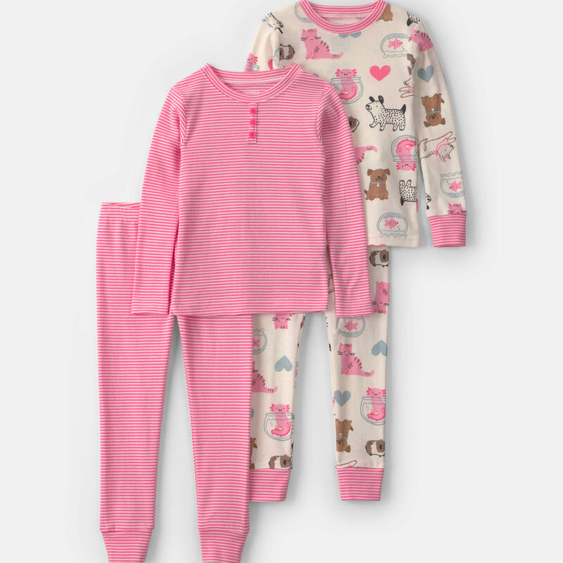 Baby Girl 4-Piece Pets 100% Cotton Snug Fit Pajama Set - Pink/Cream