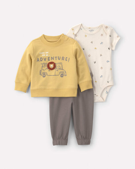 baby boy 3-piece 'take me on an adventure!' lion french terry layering set - yellow/grey