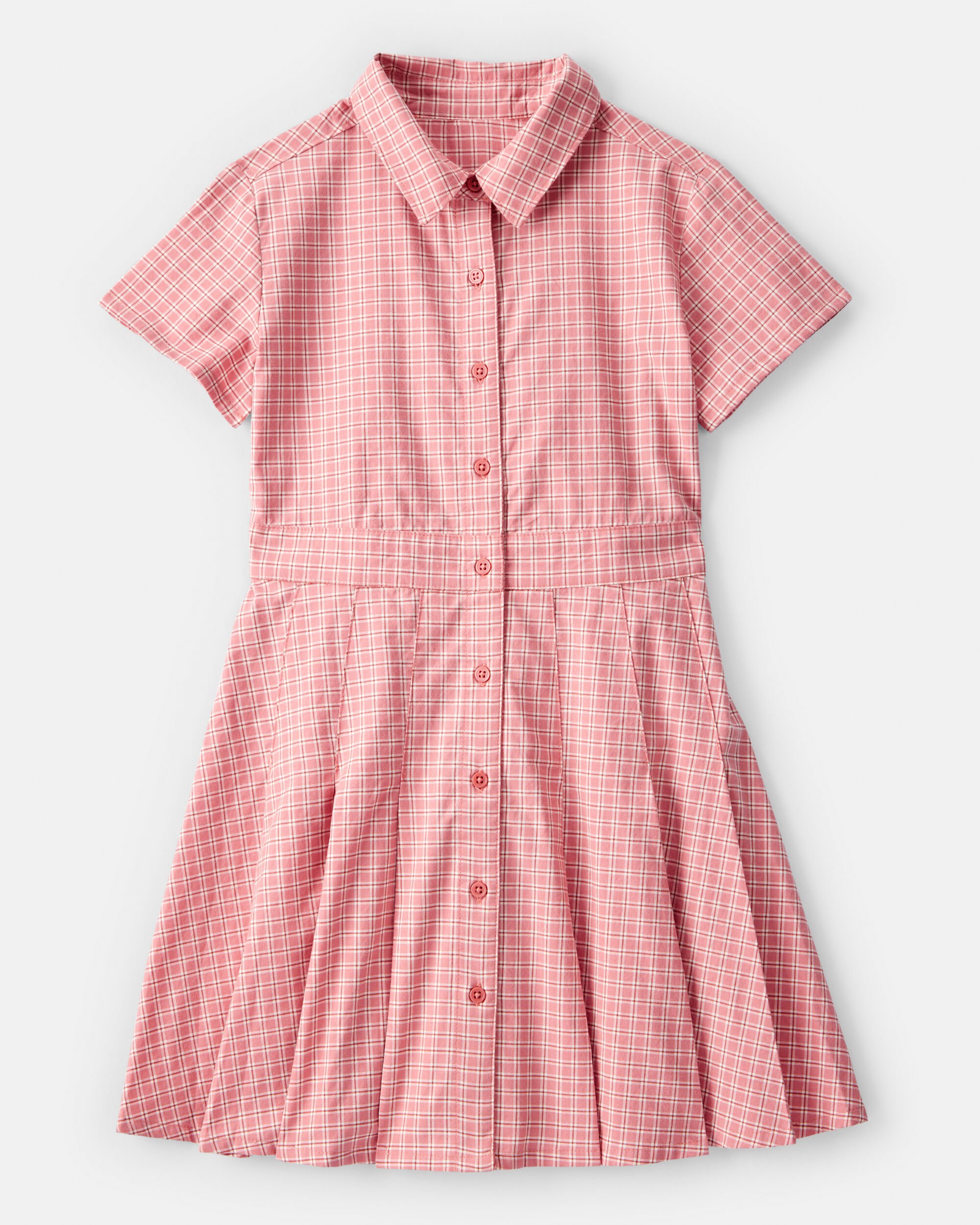 Kid Plaid Button-Down Short-Sleeve Shirt Dress - Pink