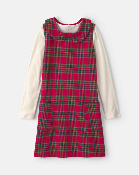 girls 2-piece plaid dress set - red/cream