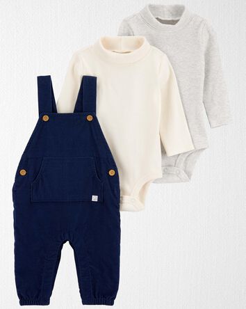 Baby Organic Cotton Mock Neck Bodysuits & Corduroy Overalls Set