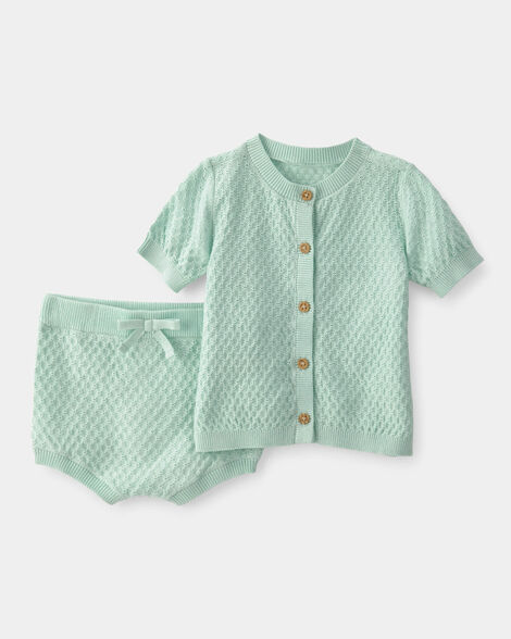 baby girl 2-piece crochet top & short set - green