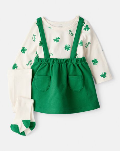baby girl st. patrick's day 3-piece shamrock long-sleeve top & skirt set - green